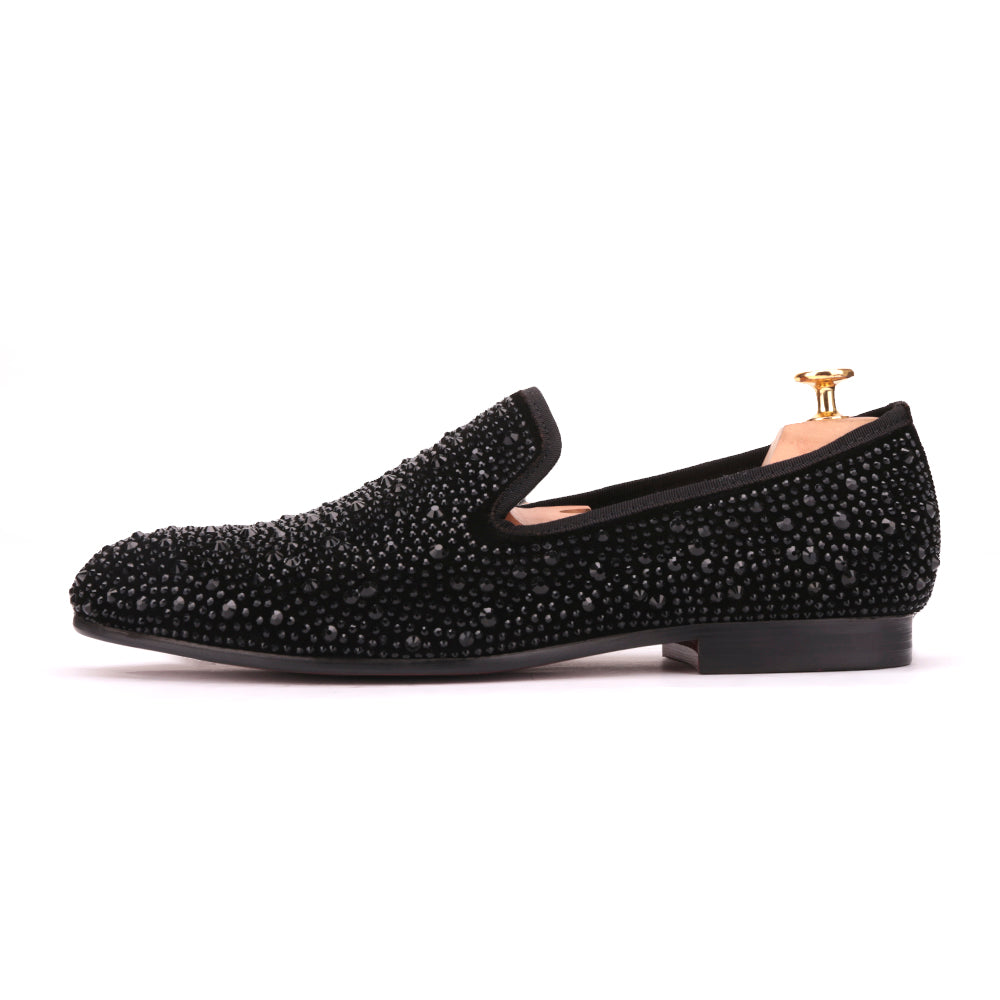 OneDrop Handmade Men Dress Shoes Suede Rhinestone Crystal Slippers Prom Wedding Party Loafers Black / 6.5