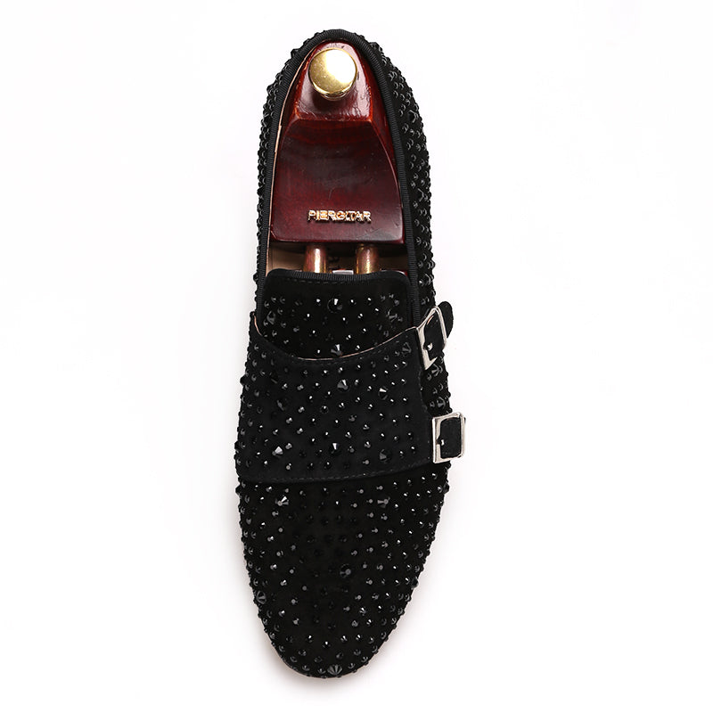 OneDrop Handmade Men Dress Shoes Black Rhinestone and Hasp Wedding Party Prom Loafers Black / 13