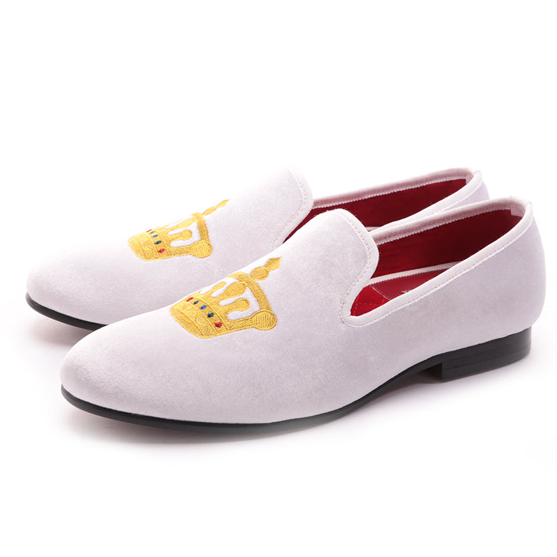 men's white and gold dress shoes OneDrop Handmade Embroidered Crown Men Velvet Wedding Party Loafer Navy Blue / 12 these monk strap shoes Lily Collins Glows In Color:off white lace with champagne lining size-small