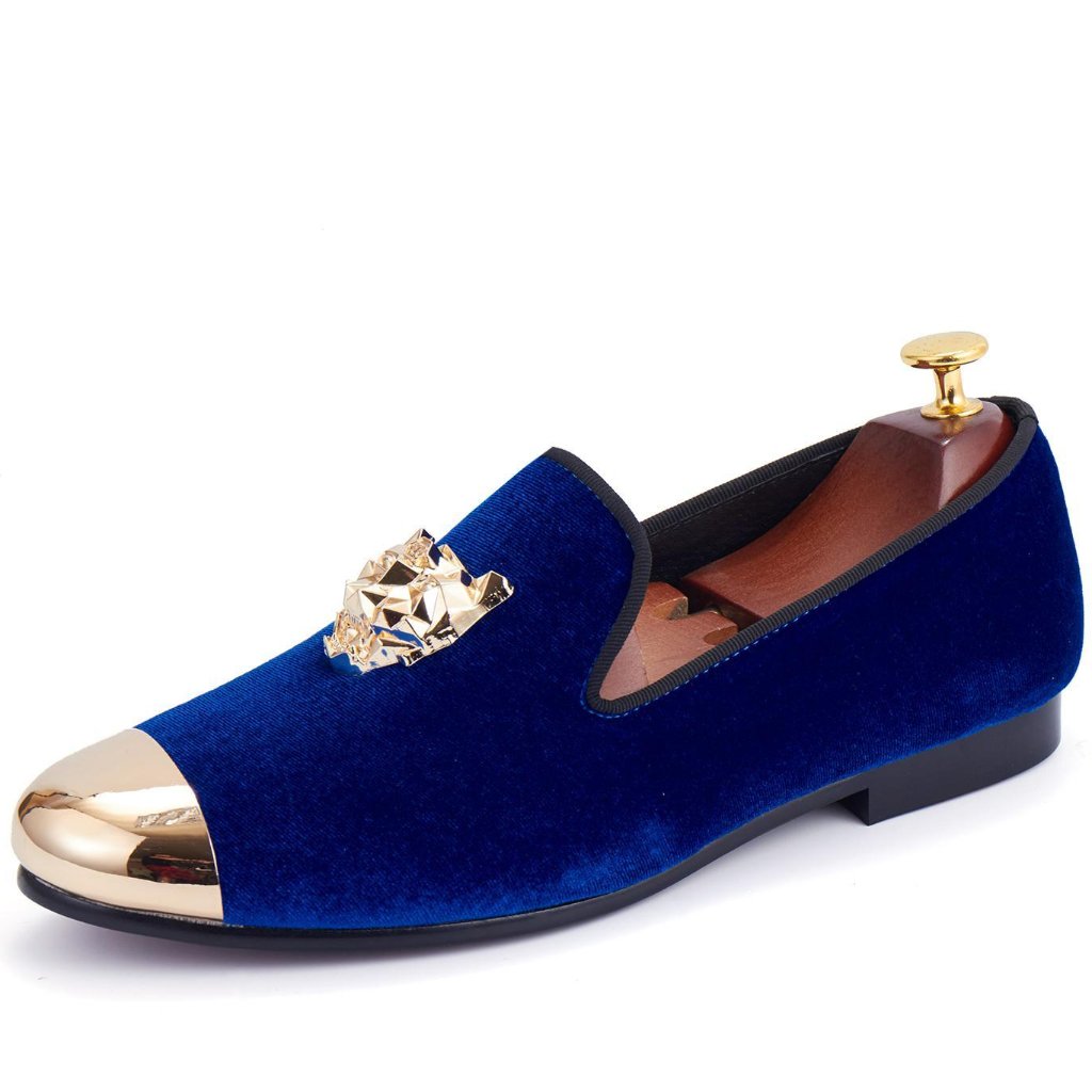 Harpelunde Animal Buckle Men Wedding Red Velvet Gold Cap Toe Loafers Blue / 11