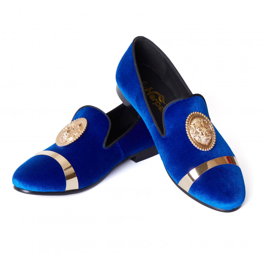Harpelunde Men Wedding Dress Shoes Velvet Loafer Slippers Gold Plate Blue / 12