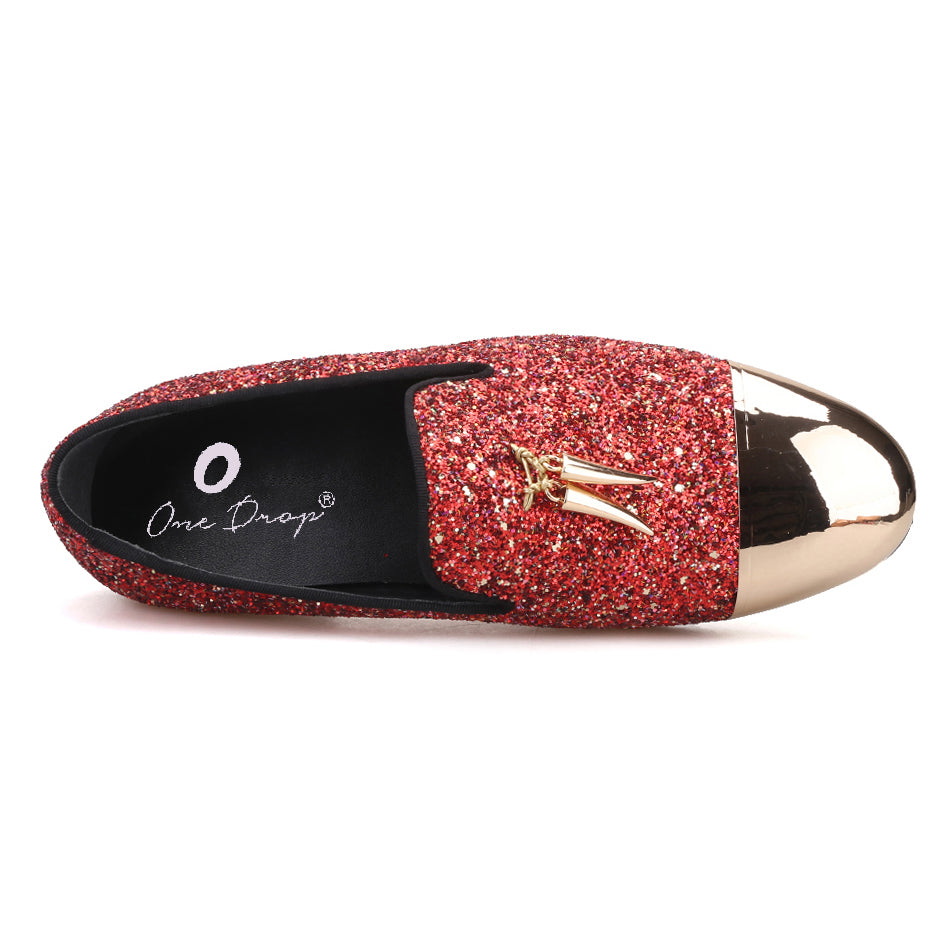 OneDrop Handmade Men Gold Metal Buckle Tassels Dress Shoes Party Wedding Prom Loafers Red / 11.5