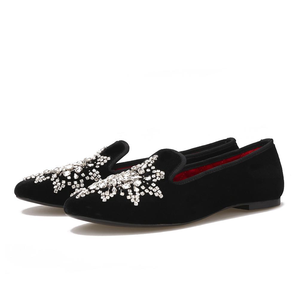 OneDrop Handmade Rhinestone Women Dress Shoes Velvet Party Wedding Prom Loafers Black / 6.5