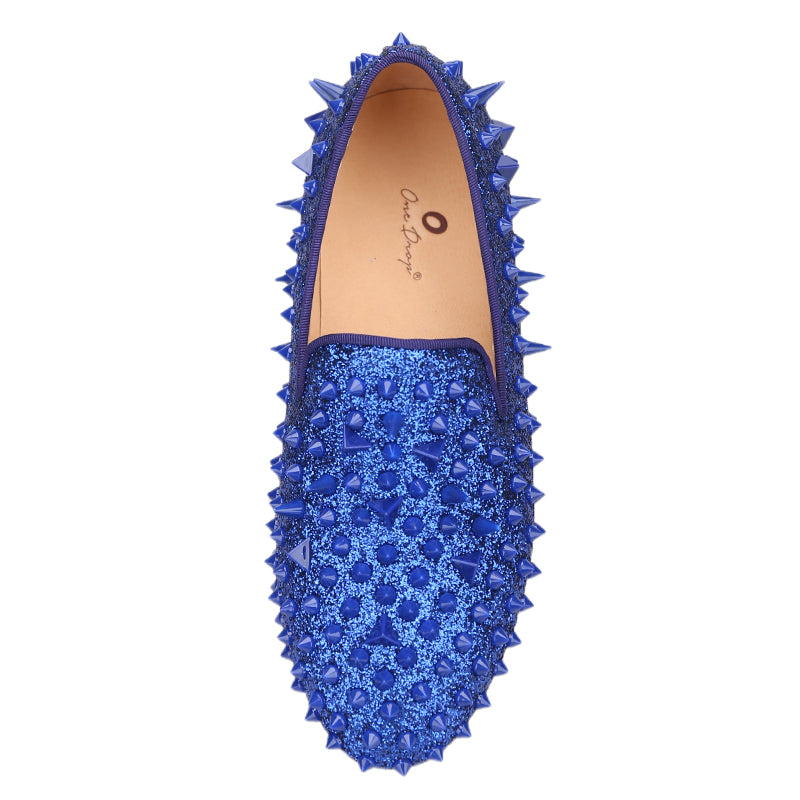 OneDrop Kids Handmade Blue Leather Spikes Children Shoes Wedding Birthday  Prom Party Loafers