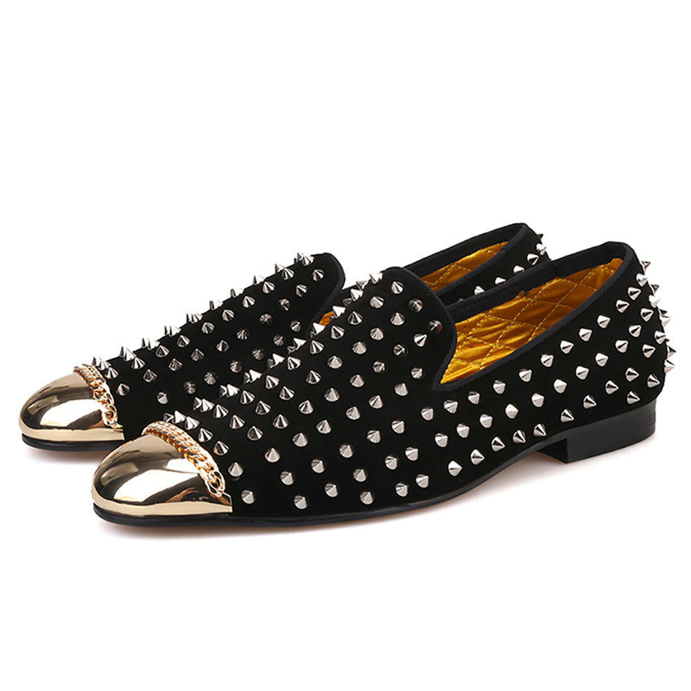 OneDrop Handmade Men Black Suede Silver Rivets Spikes Gold Metal Toe Party Wedding Banquet Prom Loafers Black / 14