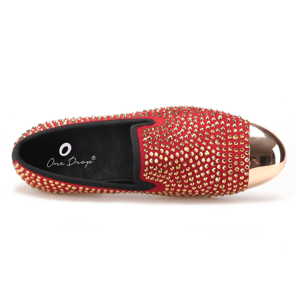 OneDrop Handmade Red Suede Men Dress Shoes Gold Rhinestone Gold Toe Metal Wedding Party Prom Loafers Red / 6 OneDrop Handmade Red Suede Men Dress Shoes Gold Rhinestone Gold Toe Metal Wedding Party Prom Loafers Red / 6