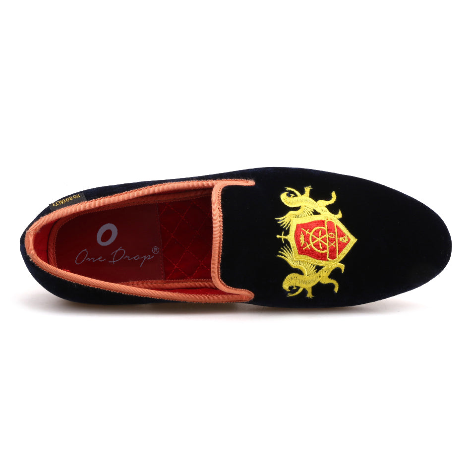 navy and gold dress shoes OneDrop Handmade Men Dress Shoes Refinement Embroidery Navy Upper Gold Outsole Velvet Wedding Party Prom Loafers Navy Blue / 13