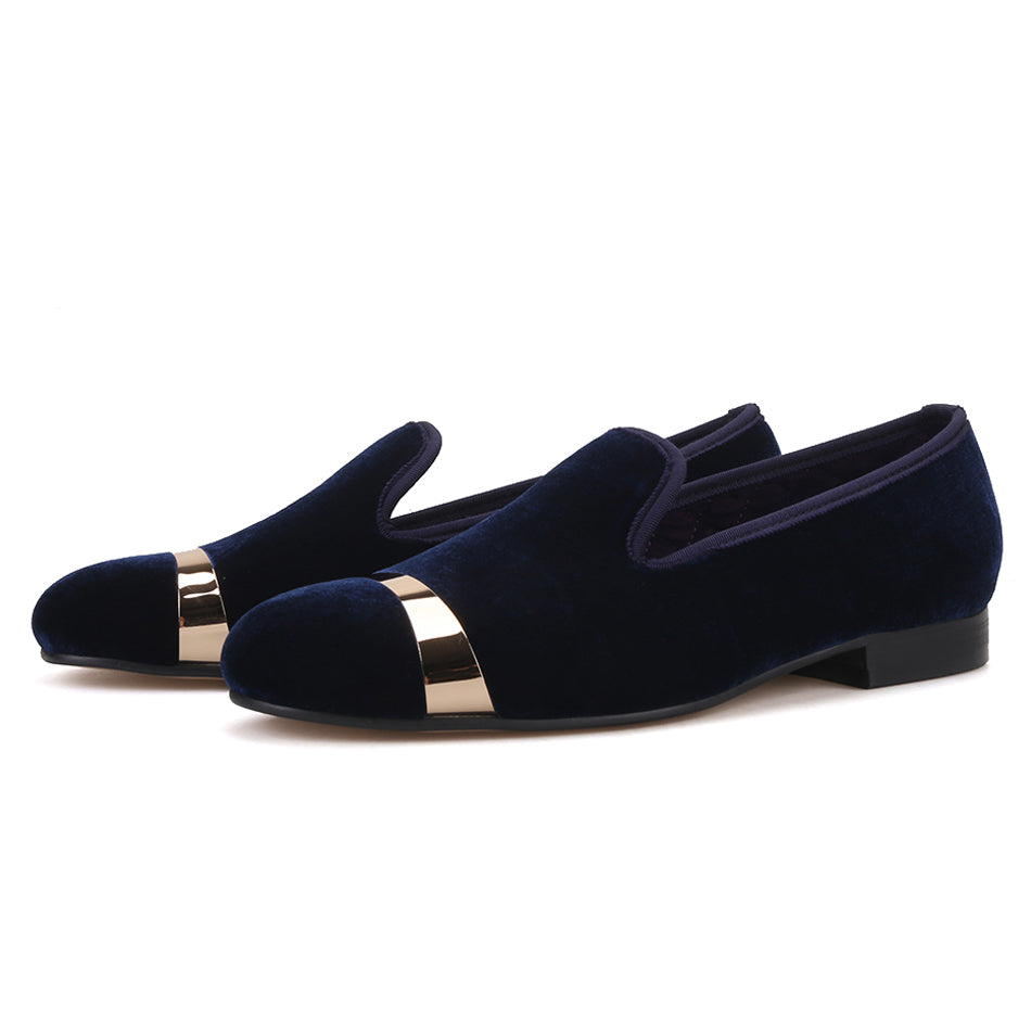 OneDrop Handmade Men Navy Velvet Gold Metal Toe Dress Shoes Party Wedding Prom Loafers Navy Blue / 11 OneDrop Handmade Men Navy Velvet Gold Metal Toe Dress Shoes Party Wedding Prom Loafers Navy Blue / 11