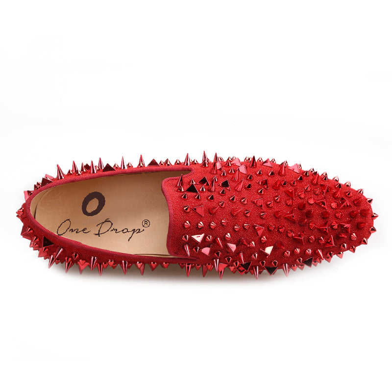 KCT Menswear's  Red Velvet Prom Shoes with Red Pyramid Spikes