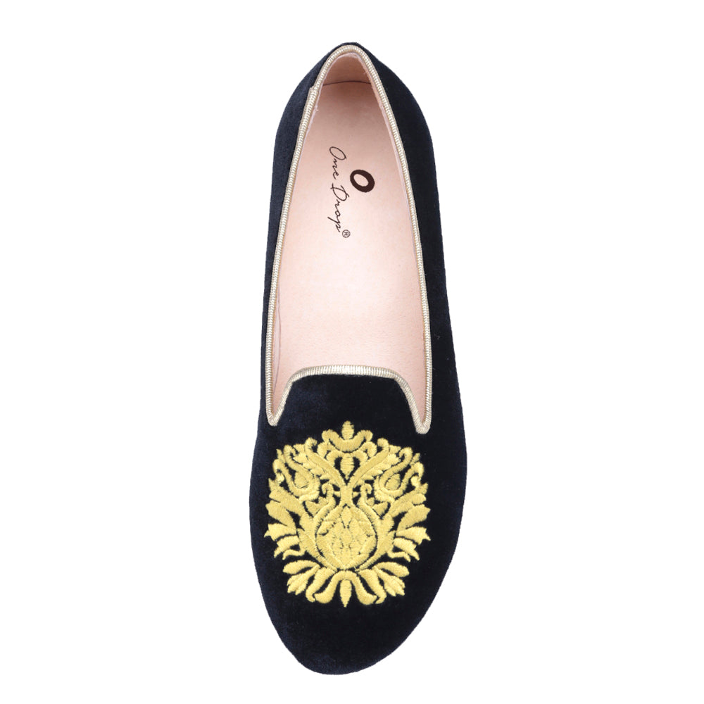 OneDrop Handmade Women Gold Flower Embroidery Velvet Dress Shoes Rhinestone Heel Party Wedding Prom Loafers Black / 5