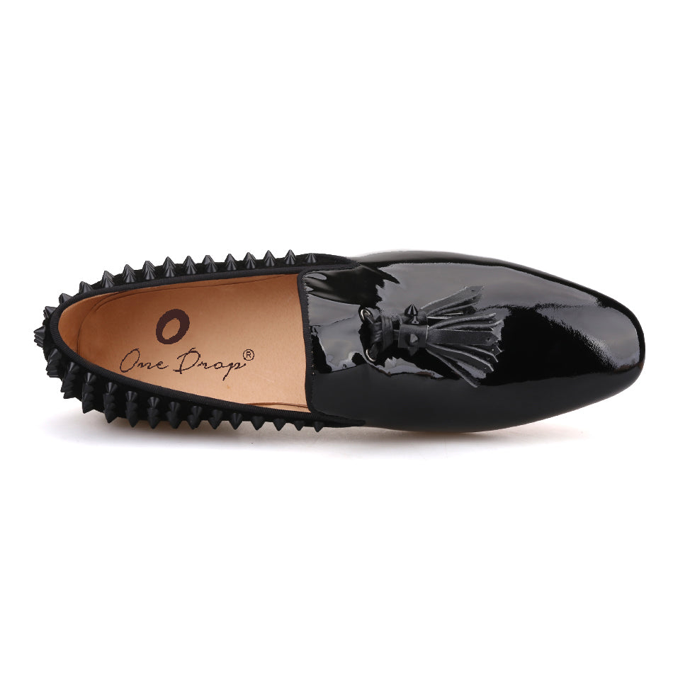 OneDrop Handmade Patent Leather Men Dress Shoes Black Spikes