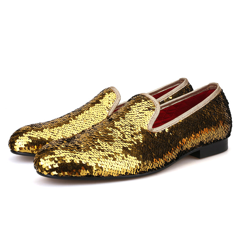 OneDrop Wedding Party And Prom Gold Colors Dress Shoes Men Luxurious Glitter Handmade Loafers Gold / 11.5