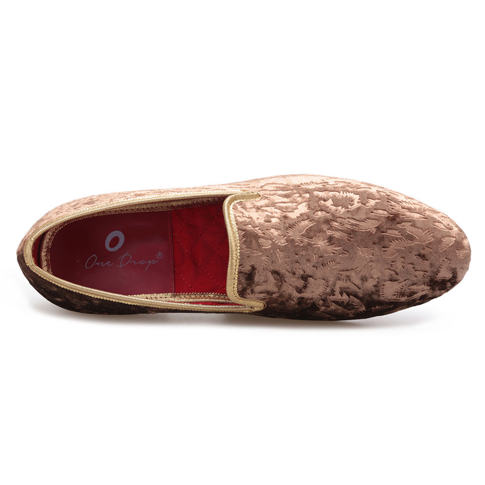 OneDrop Handmade Brown Flower Print Men Velvet Dress Shoes Party Wedding Prom Loafers Brown / 10