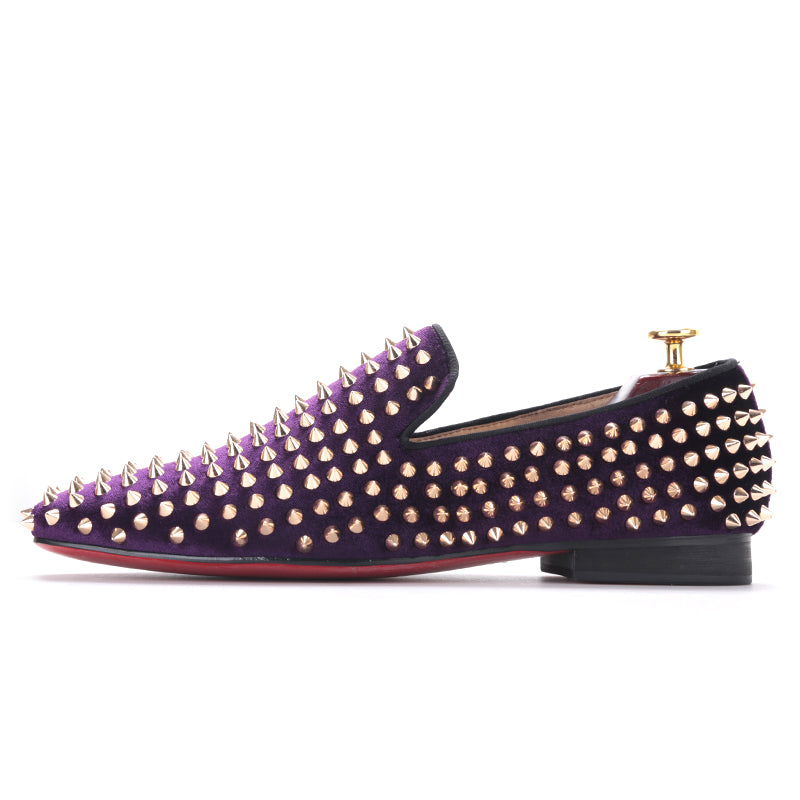 purple dress with gold shoes OneDrop Men Handmade Purple Velvet Dress Shoes Gold Rivets Party Wedding Prom Loafers Purple / 12