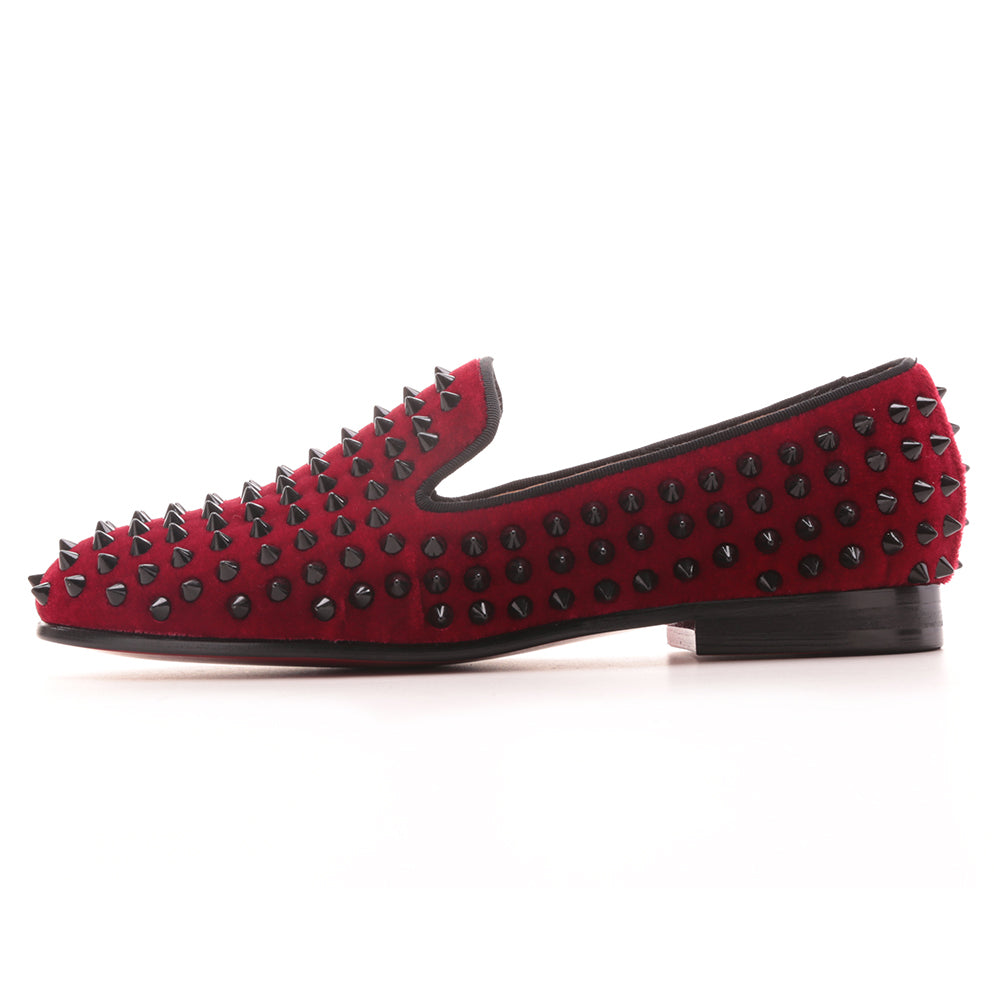 lady dress shoes OneDrop Handmade Women Velvet Spikes Dress Shoes Rivets Party Wedding Prom Loafers Wine Red / 10