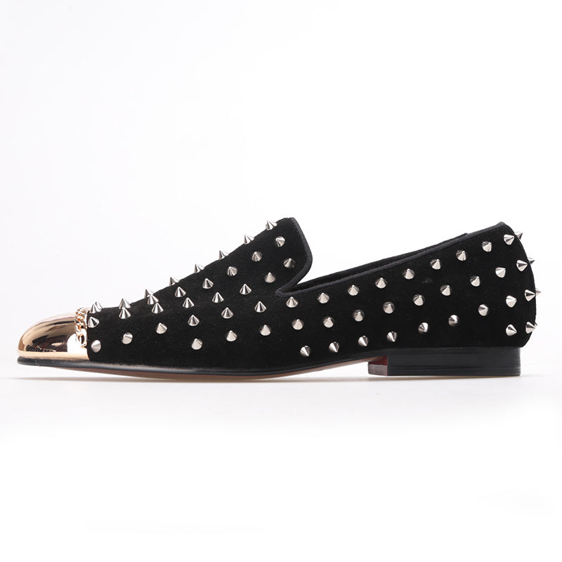 OneDrop Handmade Men Black Suede Silver Rivets Spikes Gold