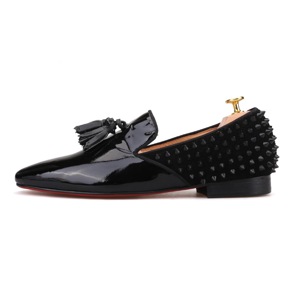 Low Cut Heels Red Bottom Black Glitter Genuine Leather Spikes Suit Shoes Men  Casual Flats Loafers Circle Rivets Toecap Sneakers