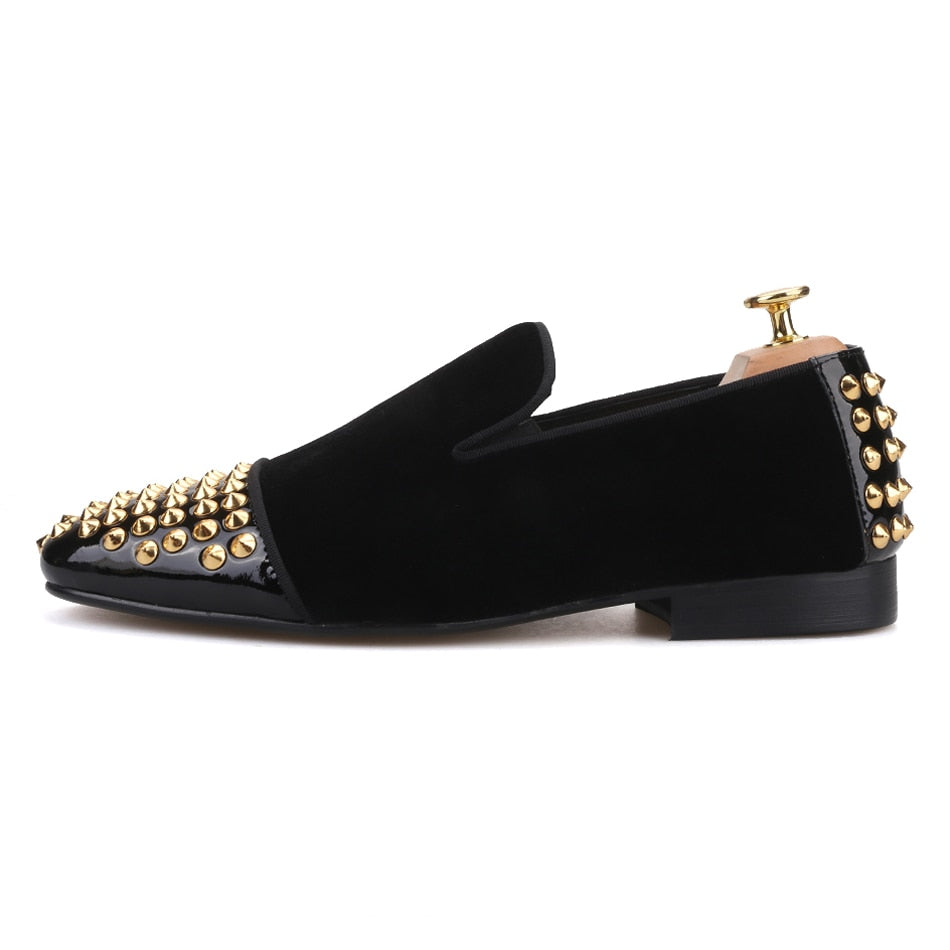 OneDrop Men Handmade Dress Shoes Velvet Front Rear Gold Spikes Party Wedding Prom Loafers Black / 12 OneDrop Men Handmade Dress Shoes Velvet Front Rear Gold Spikes Party Wedding Prom Loafers Black / 12