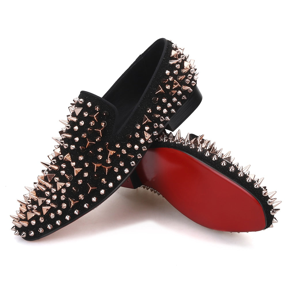 OneDrop Handmade Men Rose Gold Spiked Black Cow Leather Red Bottom Party  Wedding Prom Loafers