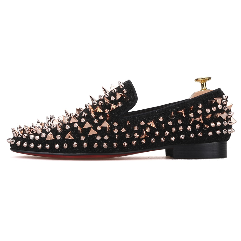 OneDrop Handmade Men Rose Gold Spiked Black Cow Leather Red Bottom Party  Wedding Prom Loafers