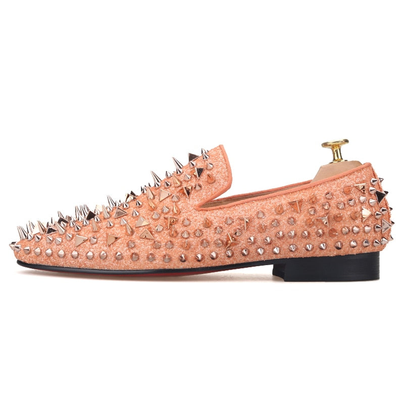 OneDrop Men Handmade Gold Spikes Red Bottom Party Wedding Banquet Prom Orange Loafers Orange / 16.5 OneDrop Men Handmade Gold Spikes Red Bottom Party Wedding Banquet Prom Orange Loafers Orange / 16.5