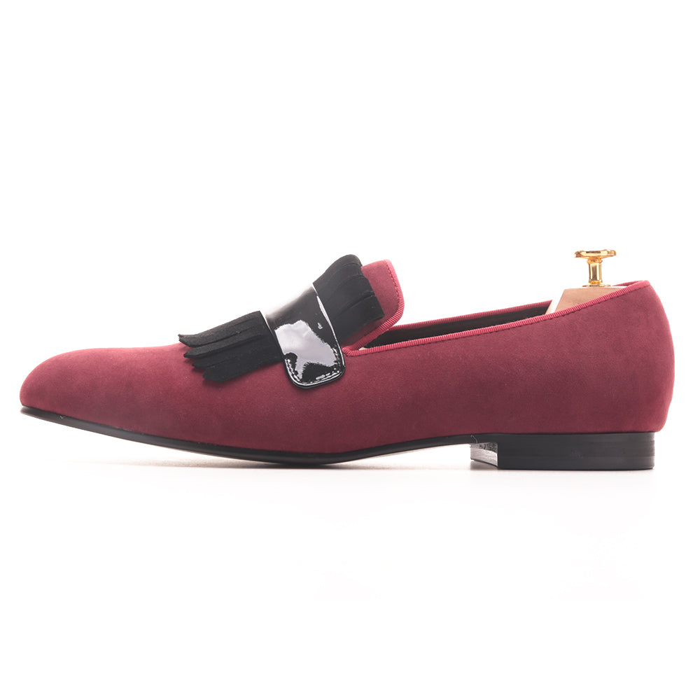 OneDrop Handmade Men Red Velvet Dress Shoes Large Suede Fringed Party Banquet Wedding Prom Loafers Wine Red / 11