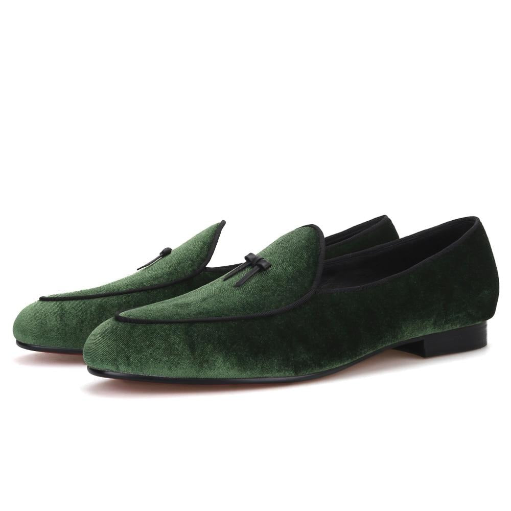OneDrop Handmade Green Men Velvet Dress Shoes Leather Tie Red Bottom Wedding Prom Party Loafers Green / 12.5