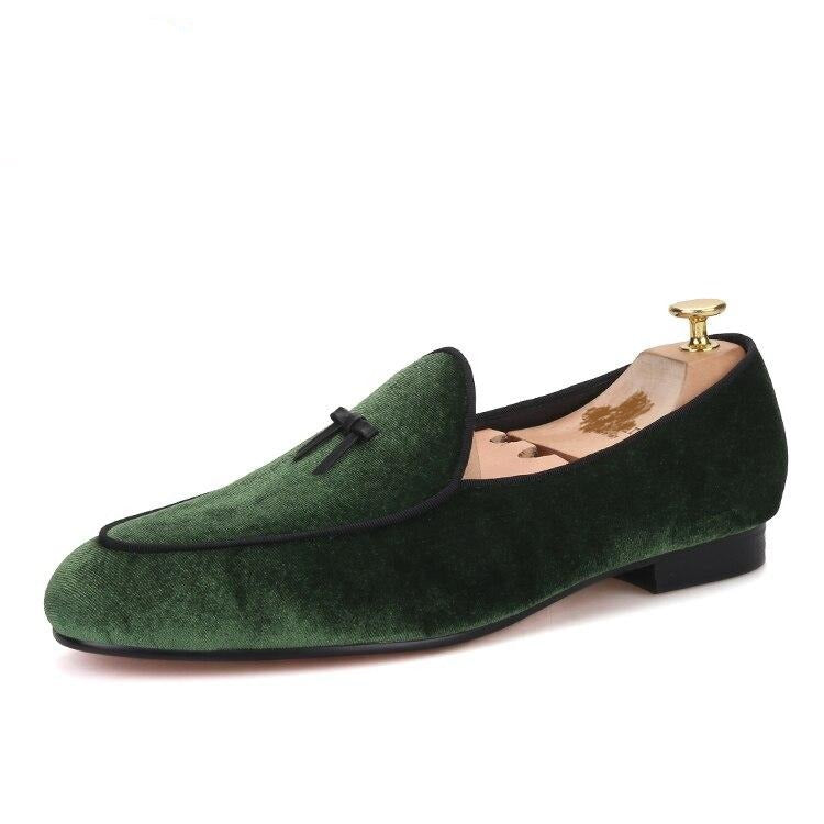 OneDrop Handmade Green Men Velvet Dress Shoes Leather Tie Red Bottom Wedding Prom Party Loafers Green / 12.5