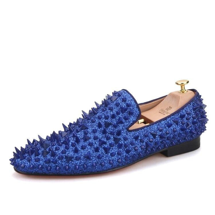 OneDrop Men Handmade Royal Blue Cow Leather Studded Dress Shoes Red Bottom Wedding Party Prom Loafers Blue / 13