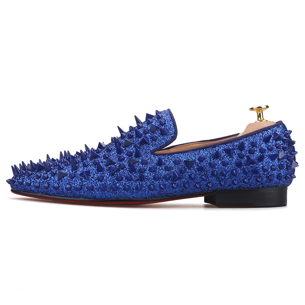 OneDrop Men Handmade Royal Blue Cow Leather Studded Dress Shoes Red Bottom  Wedding Party Prom Loafers