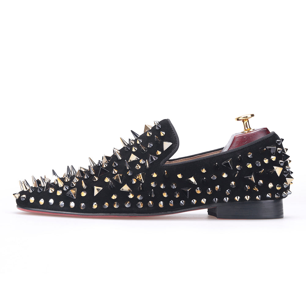 OneDrop Handmade Men Dress Shoes Suede Gold Black Rivet Spikes Party Wedding Prom Loafers Black / 5