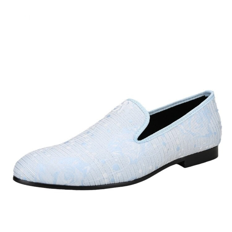 OneDrop Handmade Men Light SKY Blue Flower Print Fabric Wedding Prom Banquet Party Loafers SKY Blue / 12