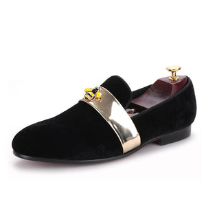 OneDrop Handmade Men Velvet Gold Patent Leather Bee Buckle Wedding Party Prom Loafers