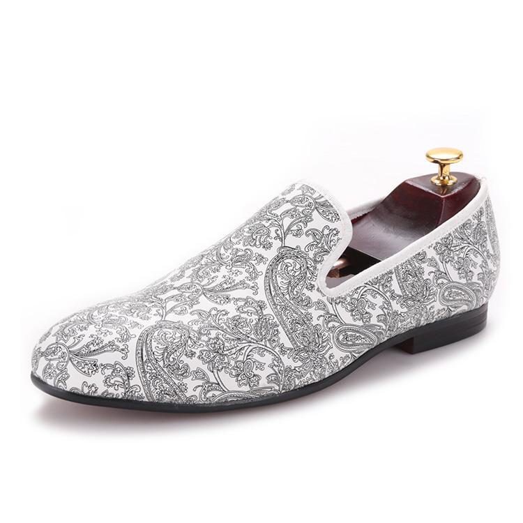 OneDrop Handmade Paisley Prints Men Dress Shoes White Slipper Wedding Party And Prom Loafers