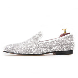 OneDrop Handmade Paisley Prints Men Dress Shoes White Slipper Wedding Party And Prom Loafers