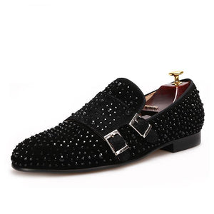OneDrop Handmade Men Dress Shoes Black Rhinestone And Hasp Wedding Party Prom Loafers