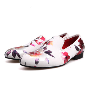 OneDrop Handmade White Color Print Gold Flower Men Wedding Party Prom Loafers
