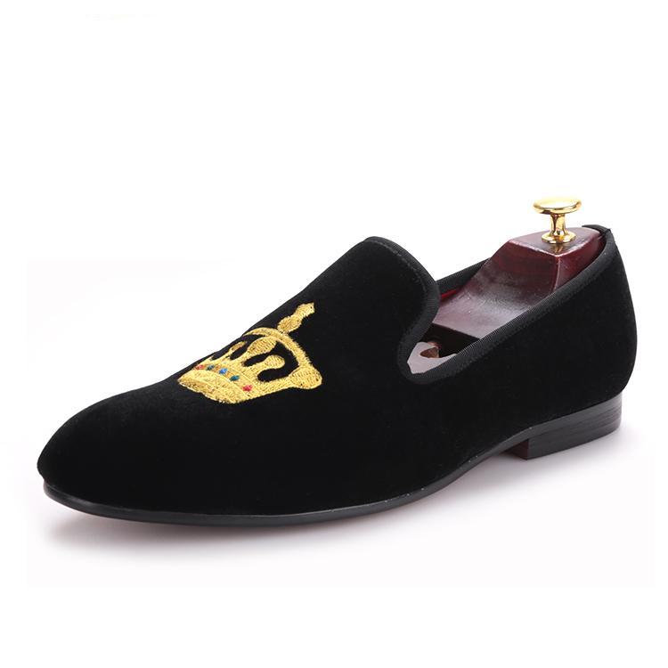 OneDrop Handmade Embroidered Gold Crown Men Velvet Dress Shoes Wedding Prom Party Loafers Black / 15.5 OneDrop Handmade Embroidered Gold Crown Men Velvet Dress Shoes Wedding Prom Party Loafers Black / 15.5