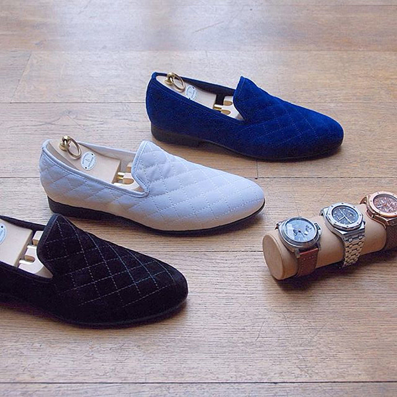 OneDrop Handmade Men Velvet Dress Shoes Stitching Plaid Pattern Party Wedding Prom Loafers Blue / 7.5