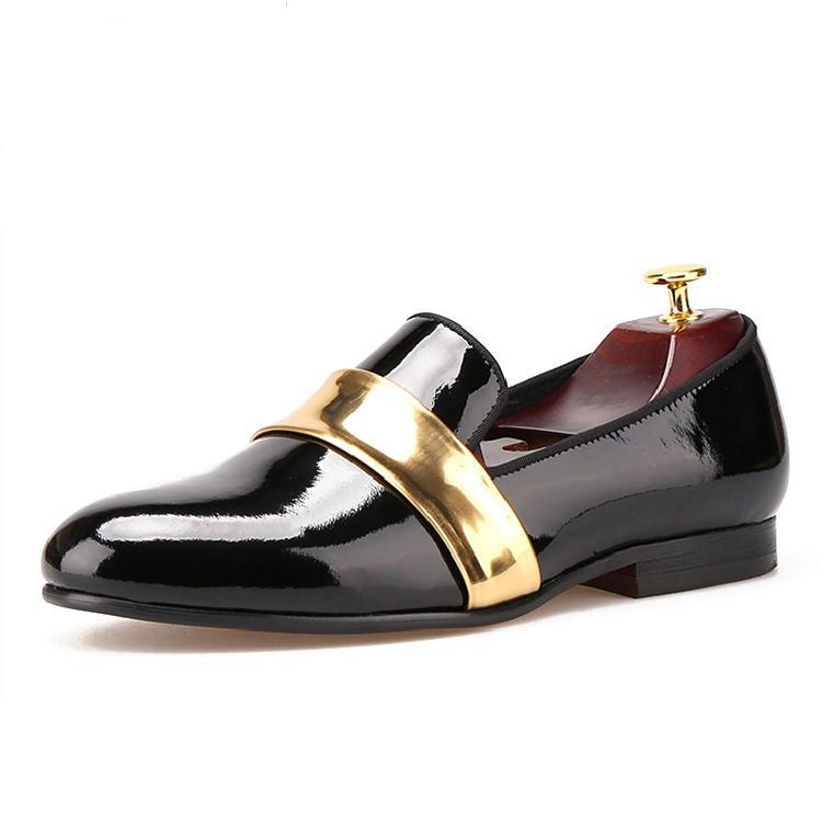 OneDrop Handmade Men Dress Shoes Gold Patent Leather Party Wedding Prom Loafers Black / 16.5
