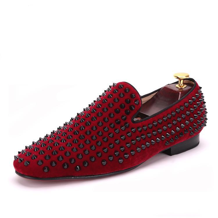 OneDrop Handmade Men Dress Shoes Velvet Black Spikes Rivets Party Wedding Prom Loafers Wine Red / 9.5 OneDrop Handmade Men Dress Shoes Velvet Black Spikes Rivets Party Wedding Prom Loafers Wine Red / 9.5