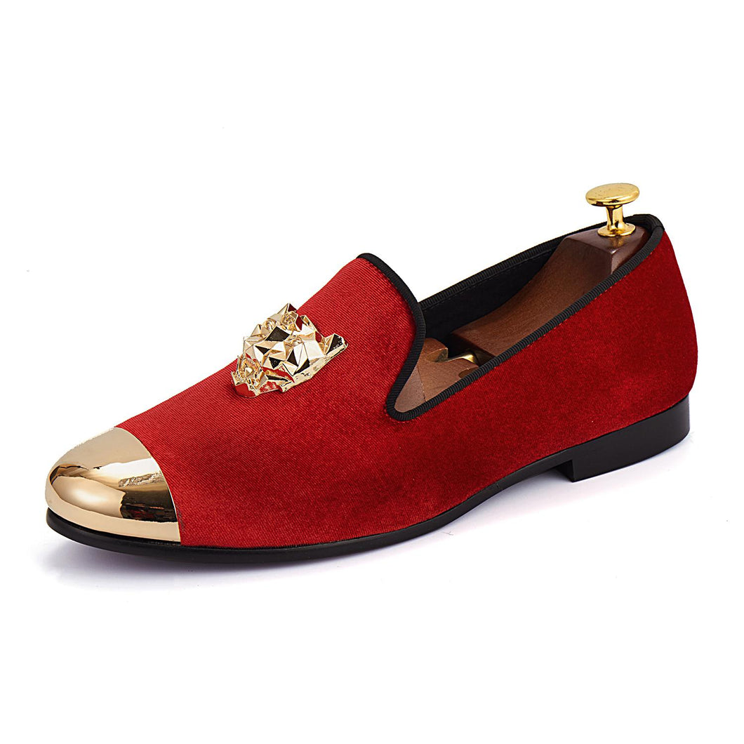 Harpelunde Animal Buckle Men Wedding Red Velvet Gold Cap Toe Loafers