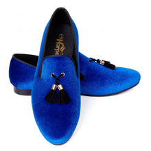 Harpelunde Men Handmade Dress Shoes Slip On Wedding Tassel Blue Velvet Loafers