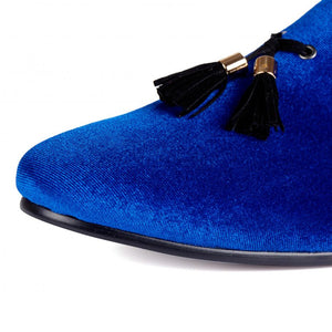 Harpelunde Men Handmade Dress Shoes Slip On Wedding Tassel Blue Velvet Loafers