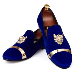 Harpelunde Men Flats Dress Shoes Blue Velvet Loafers With Animal Buckle