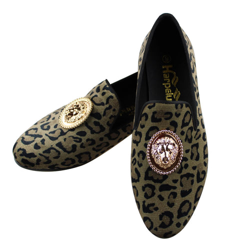 Harpelunde Men Handmade Leopard Prints Dress Shoes Lion Buckle Velvet Loafers