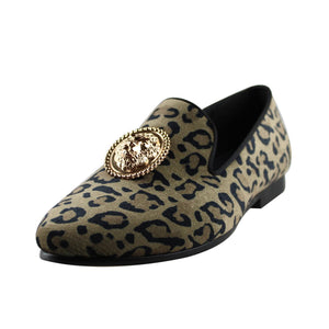 Harpelunde Men Handmade Leopard Prints Dress Shoes Lion Buckle Velvet Loafers
