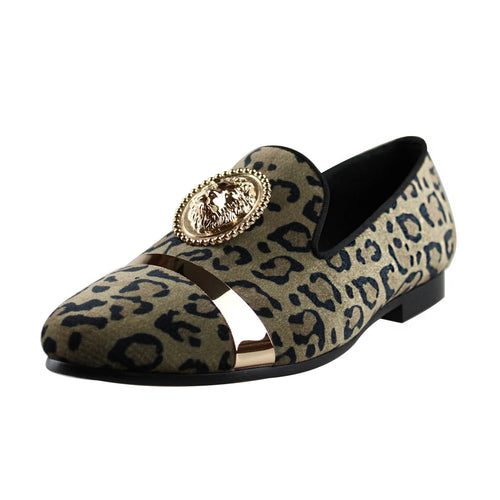 Harpelunde Men Handmade Leopard Prints Formal Dress Shoes Lion Buckle Velvet Loafer Metal Strap