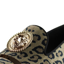 Harpelunde Men Handmade Leopard Prints Formal Dress Shoes Lion Buckle Velvet Loafer Metal Strap