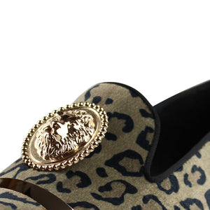 Harpelunde Men Handmade Leopard Prints Formal Dress Shoes Lion Buckle Velvet Loafer Metal Strap